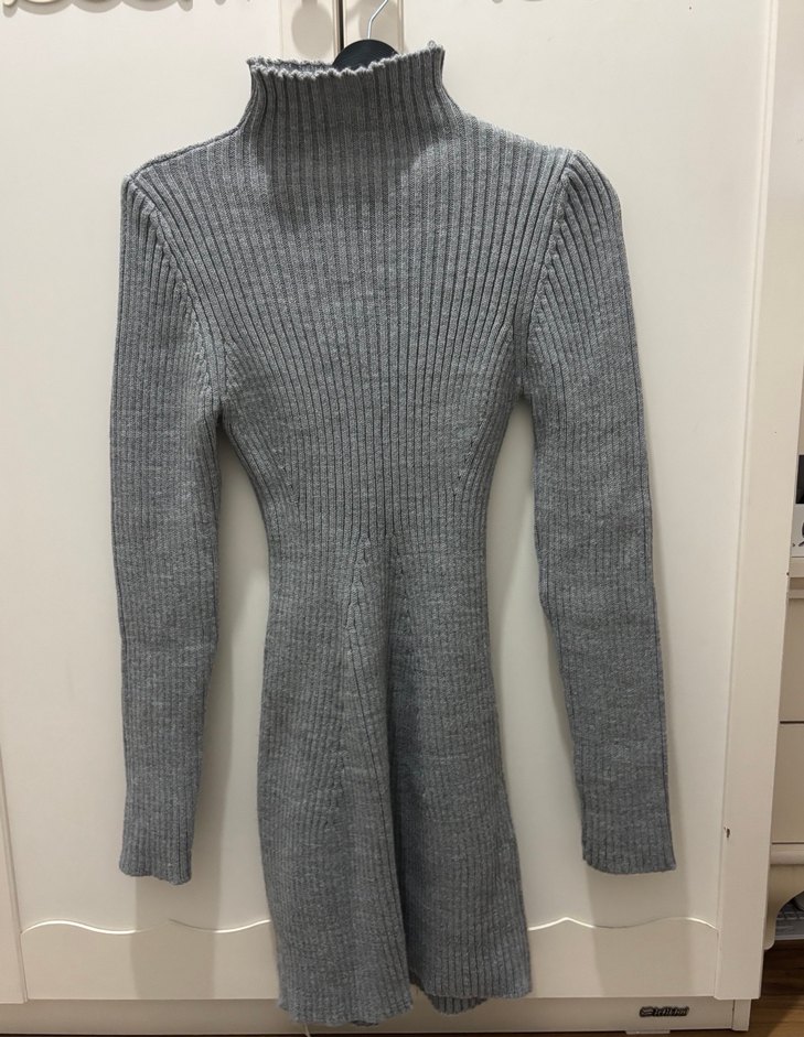 Gri Yüksek Yakalı Triko Kadın Elbise - Görsel 2