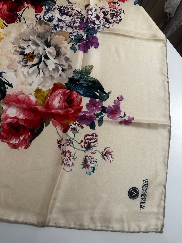 Çiçek Desenli Çok Renkli İpek Kadın eşarp - Görsel 3