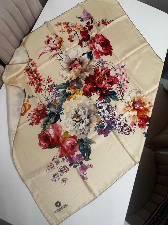 Çiçek Desenli Çok Renkli İpek Kadın eşarp - Görsel 2