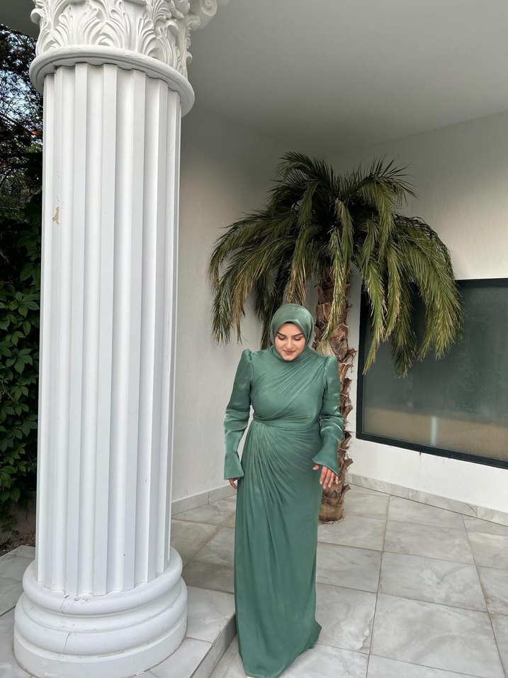 Uzun Turkuaz Bohem Yaka Detaylı Kadın Elbise - Görsel 3