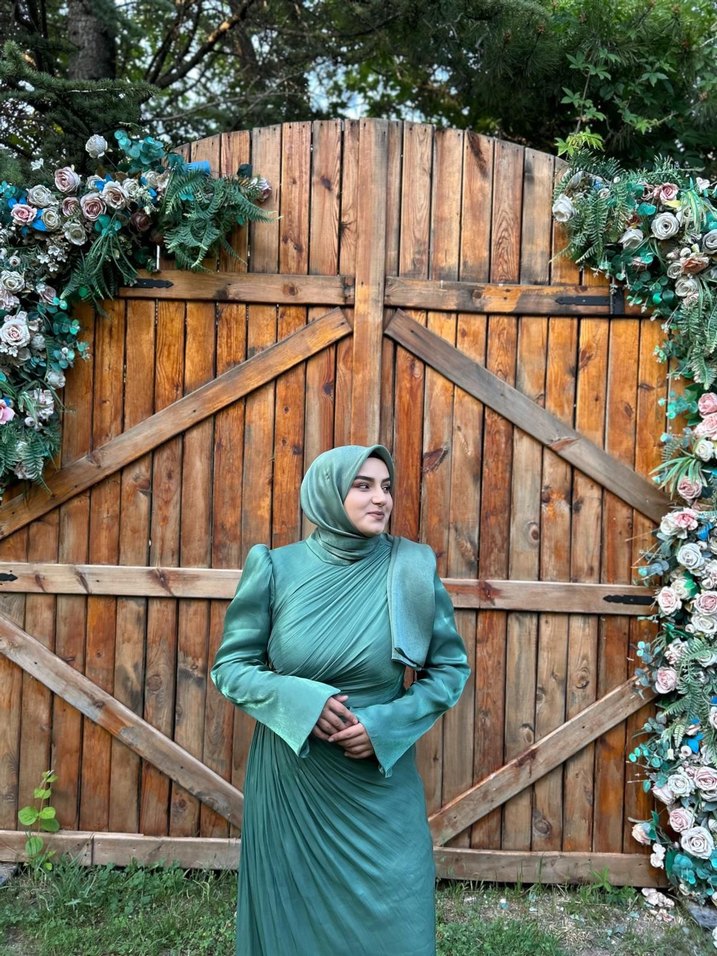 Uzun Turkuaz Bohem Yaka Detaylı Kadın Elbise - Görsel 2