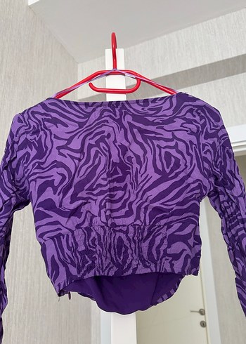 Mor V Yakalı Drapeli Uzun Kollu Bluz - Görsel 4