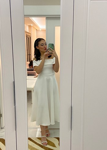 Beyaz Midi madonna yaka Minimalist Nişan söz nikah elbisesi