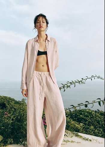 Pembe Kadın Keten Pantolon - Görsel 2