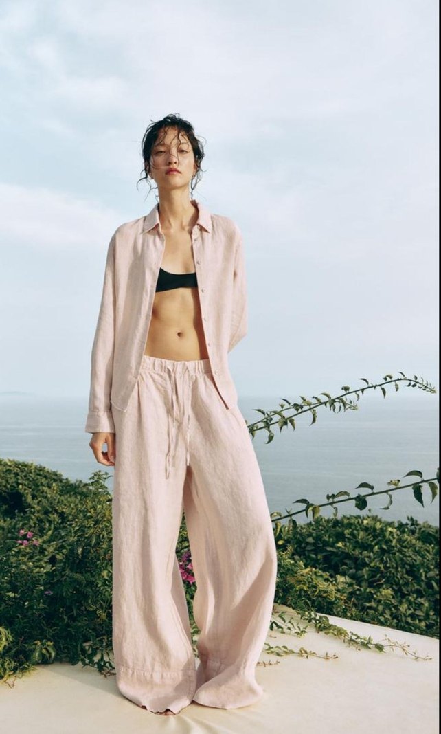 Pembe Kadın Keten Pantolon - Görsel 2