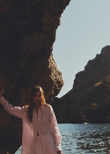 Pembe Keten Uzun Kollu Gömlek - Görsel 2