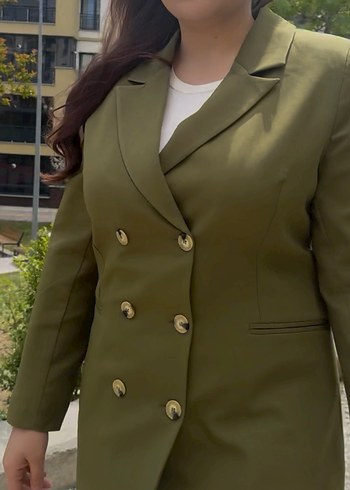 Kadın Haki Düğmeli Midi Blazer Ceket - Görsel 2