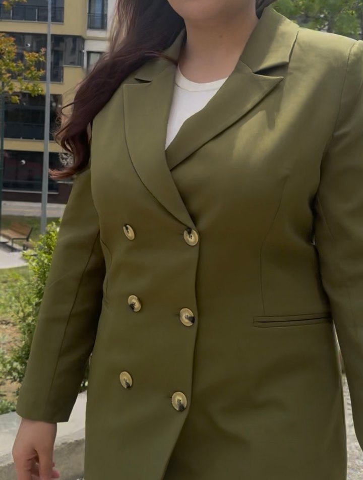 Kadın Haki Düğmeli Midi Blazer Ceket - Görsel 2