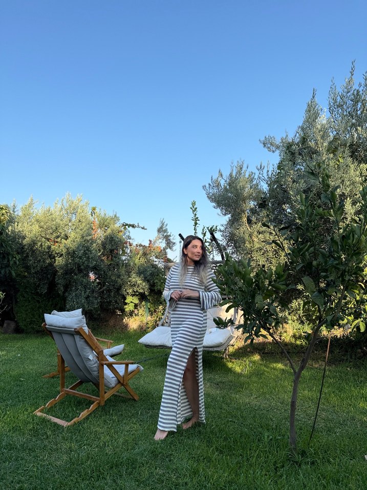 Gri Zebra Desenli Uzun Kollu Kadın Elbise - Görsel 2