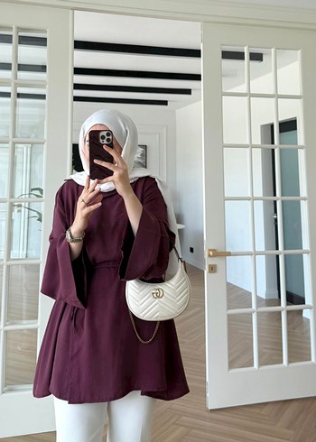 Diğer Bordo Midi Uzun Kollu Kemerli Tunik