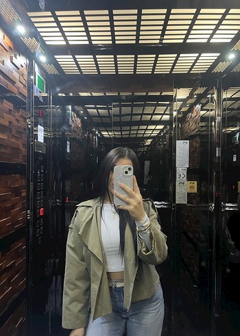 Kadın Haki Denim Ceket, Uzun Kollu, Günlük - Görsel 2