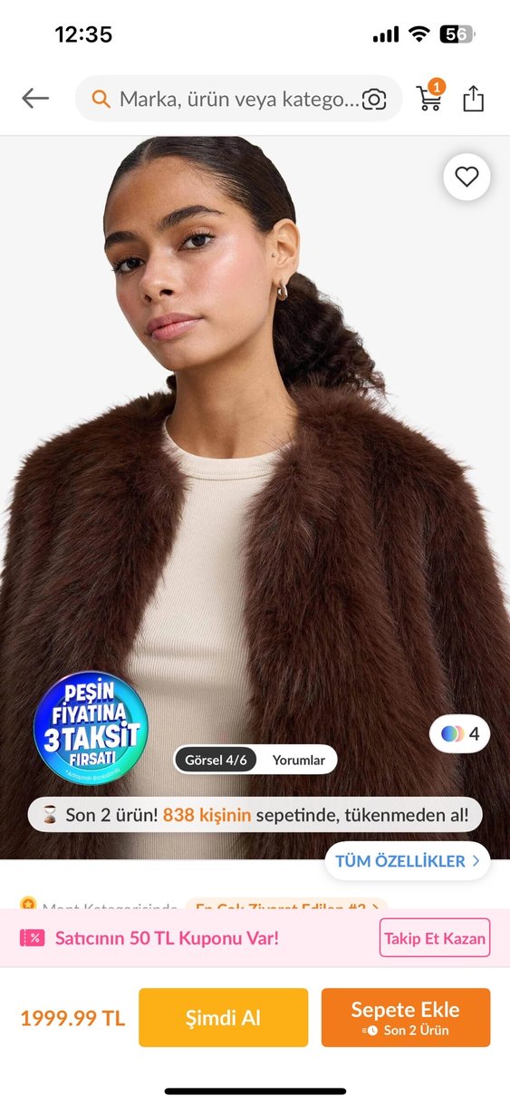 Kahverengi Kürk Detaylı Kısa Kadın Mont - Görsel 2