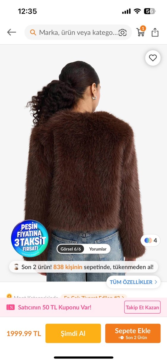 Kahverengi Kürk Detaylı Kısa Kadın Mont - Görsel 3