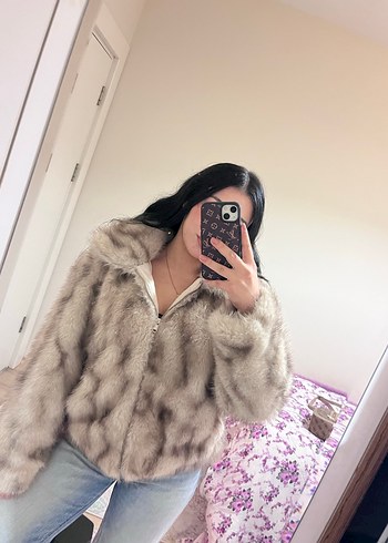 Gri Leopar Desenli Kadın Suni Kürk Ceket - Görsel 2