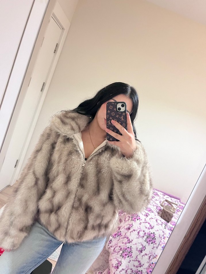 Gri Leopar Desenli Kadın Suni Kürk Ceket - Görsel 2