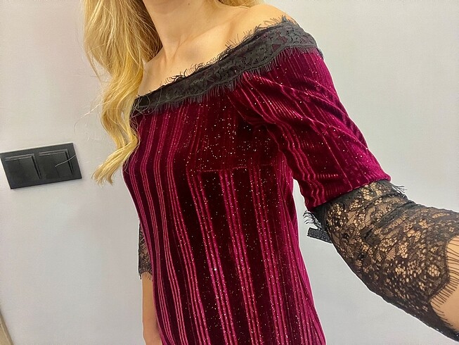 xs Beden bordo Renk Koton Bordo Kadife Kumaş Elbise
