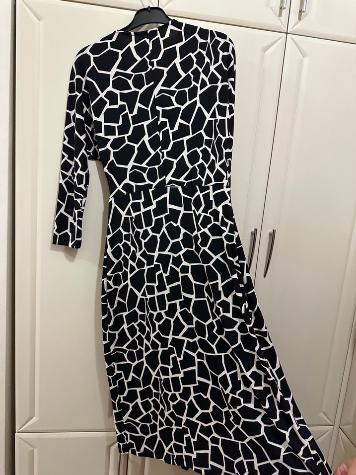 Uzun Kollu Siyah Beyaz Zebra Desenli Elbise - Görsel 3