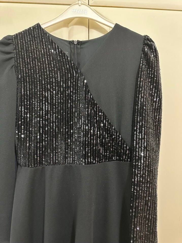 Drapeli Uzun Siyah Kadın Elbise - Görsel 2