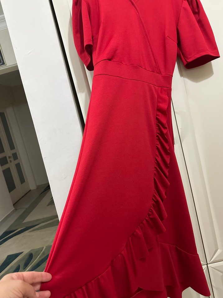 Kırmızı Drapeli V Yaka Uzun Elbise - Görsel 2