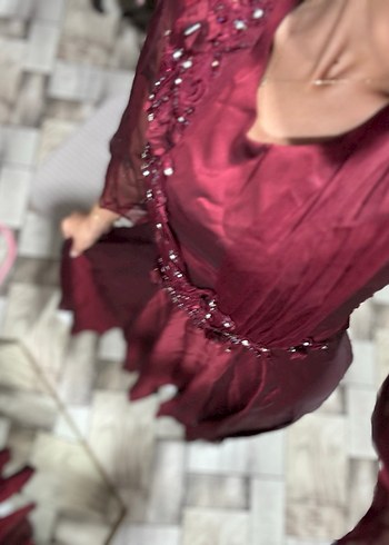 Bordo Abiye Uzun Kollu Kadın Elbise kına elbisesi abiye - Görsel 5