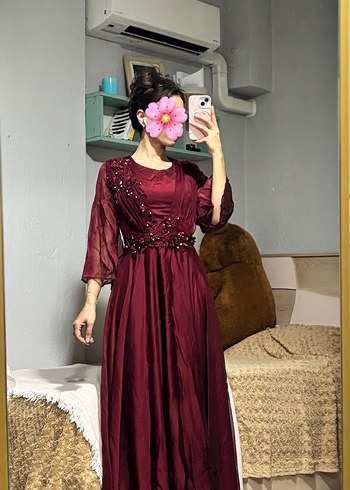 Bordo Abiye Uzun Kollu Kadın Elbise kına elbisesi abiye - Görsel 2