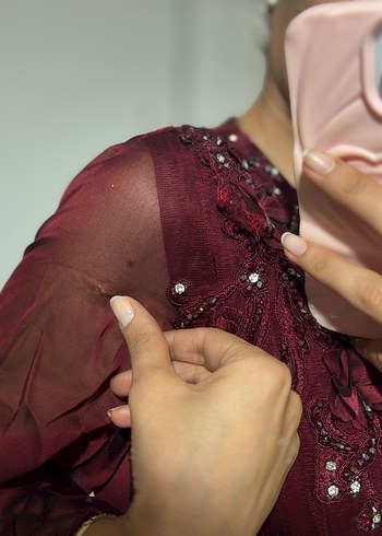 Bordo Abiye Uzun Kollu Kadın Elbise kına elbisesi abiye - Görsel 7