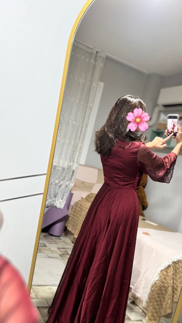 Bordo Abiye Uzun Kollu Kadın Elbise kına elbisesi abiye - Görsel 3