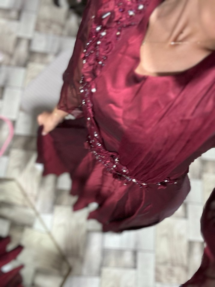 Bordo Abiye Uzun Kollu Kadın Elbise kına elbisesi abiye - Görsel 5