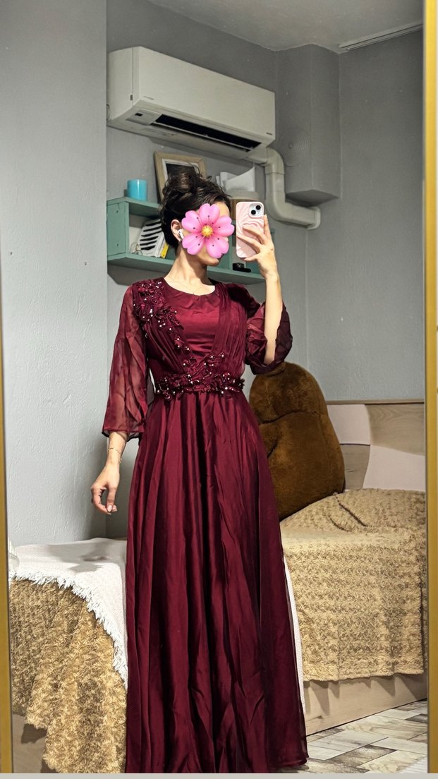 Bordo Abiye Uzun Kollu Kadın Elbise kına elbisesi abiye - Görsel 2