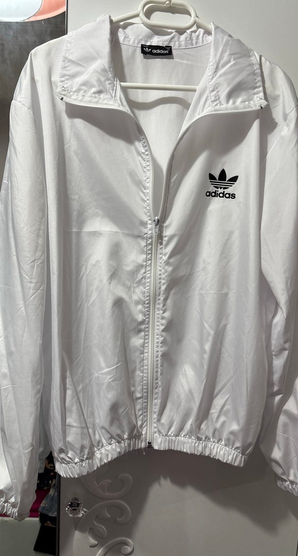 Kadın-Erkek (Unisex)Beyaz Adidas Fermuarlı Yağmurluk - Görsel 5