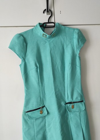 Kemerli Turkuaz Midi Keten Elbise - Görsel 3