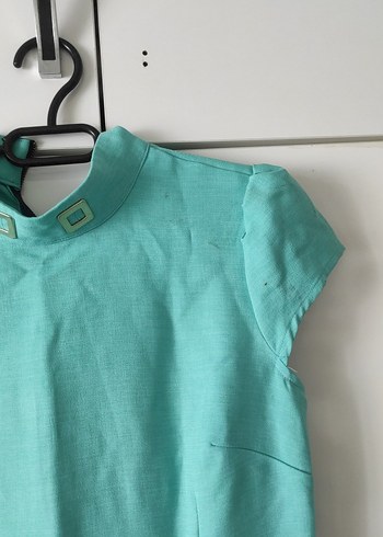 Kemerli Turkuaz Midi Keten Elbise - Görsel 4