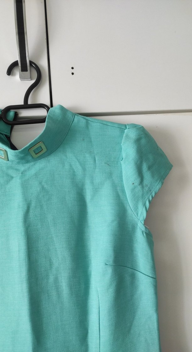 Kemerli Turkuaz Midi Keten Elbise - Görsel 4