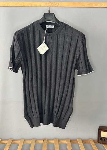 Gri Kısa Kollu Erkek Triko Tişört - Görsel 2