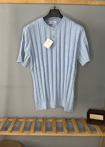 Mavi Kısa Kollu Pamuklu Triko Tişört - Görsel 2