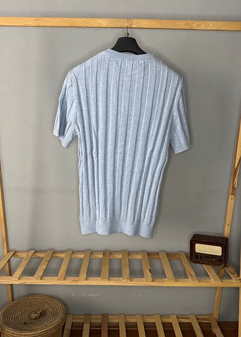 Mavi Kısa Kollu Pamuklu Triko Tişört - Görsel 4