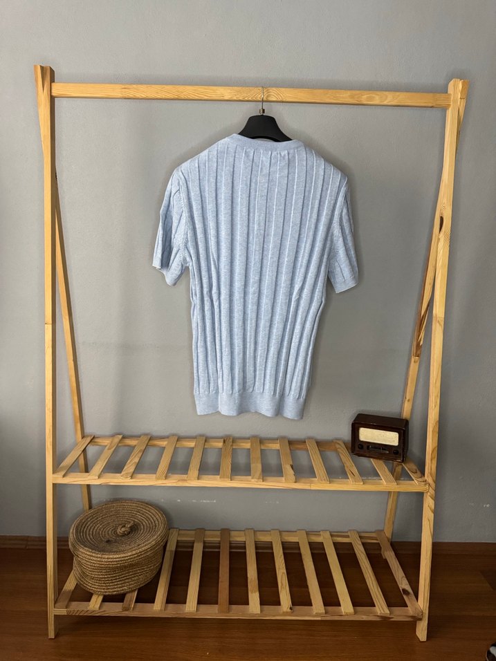 Mavi Kısa Kollu Pamuklu Triko Tişört - Görsel 3