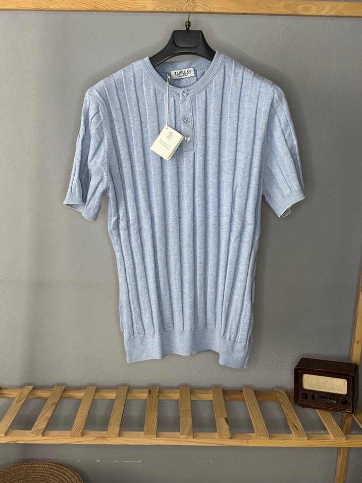 Mavi Kısa Kollu Pamuklu Triko Tişört - Görsel 2