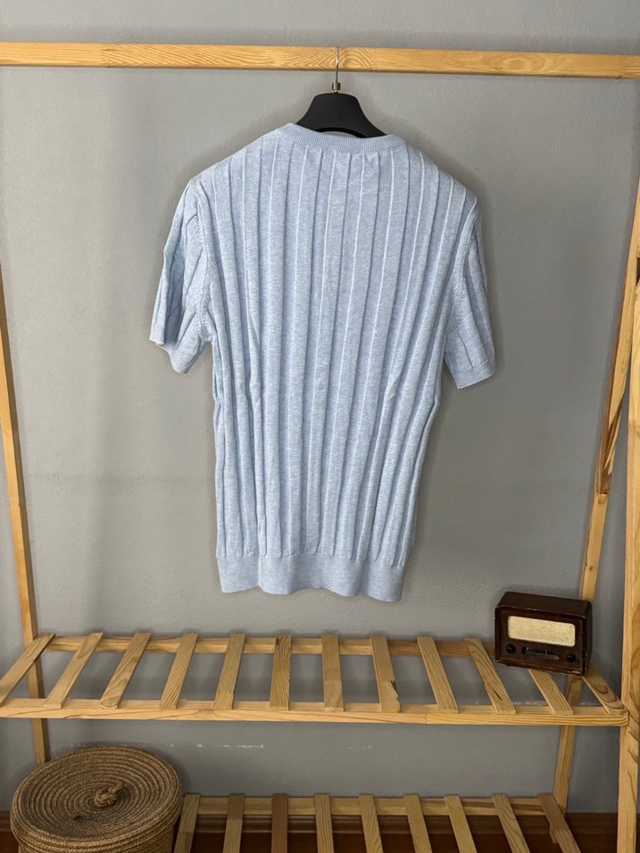 Mavi Kısa Kollu Pamuklu Triko Tişört - Görsel 4