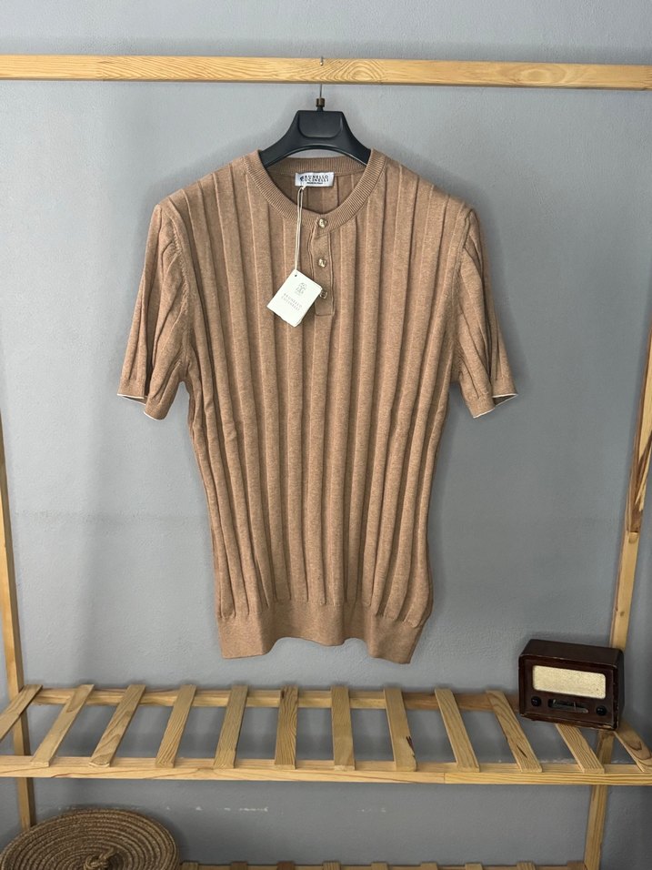 Bej Kısa Kollu Örme Polo Tişört - Görsel 2