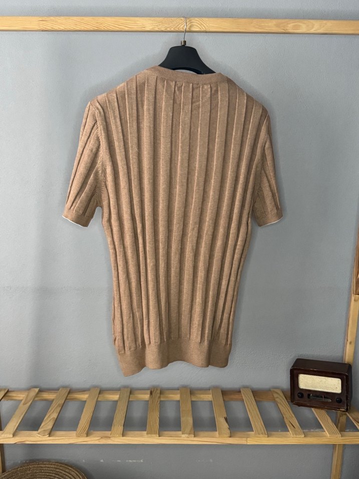 Bej Kısa Kollu Örme Polo Tişört - Görsel 4