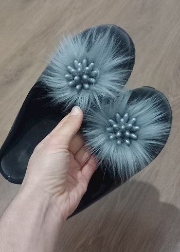 38 numara ev terligi Gri Kürklü Kadın Dolgu Topuk Terlik - Görsel 2