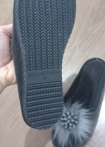 38 numara ev terligi Gri Kürklü Kadın Dolgu Topuk Terlik - Görsel 3