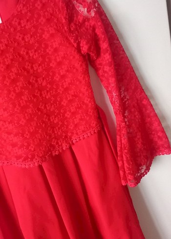 Kız Çocuk Kırmızı Dantel Uzun Kollu Elbise - Görsel 2