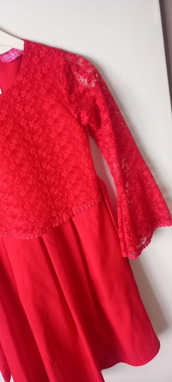 Kız Çocuk Kırmızı Dantel Uzun Kollu Elbise - Görsel 2
