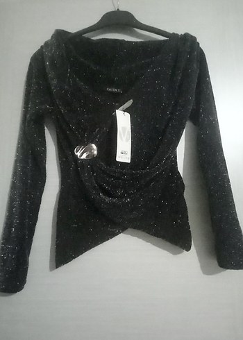 Düğmeli Siyah Kısa parlak Bluz - Görsel 3