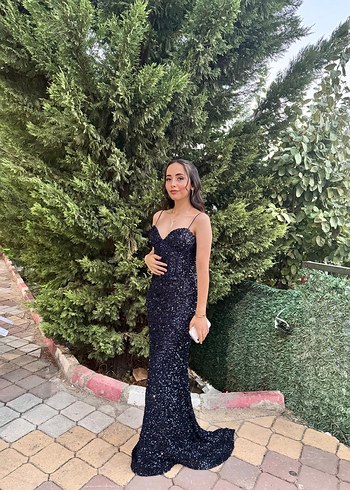 m Beden Parlak Lacivert Yılan Desenli Uzun Abiye Elbise