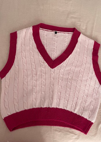 V Yaka Örgü Pembe Süveter - Görsel 2