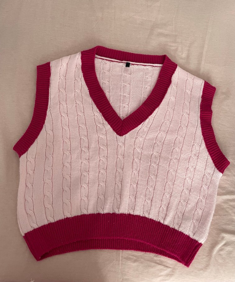 V Yaka Örgü Pembe Süveter - Görsel 2