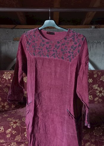 Bordo Uzun Kollu Bohem Nakışlı Tunik